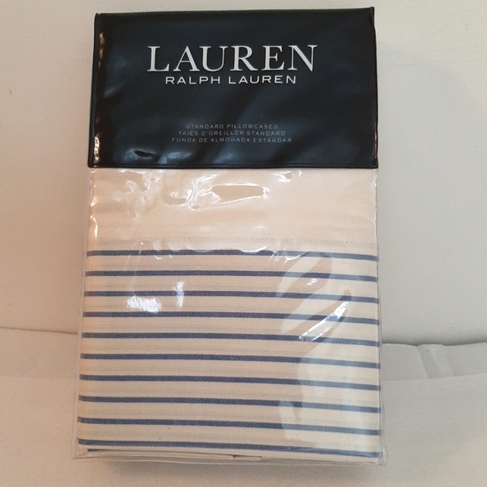 *Lauren Ralph Lauren Josephina Blue Stripe Cotton Standard Pillowcases MSRP $150